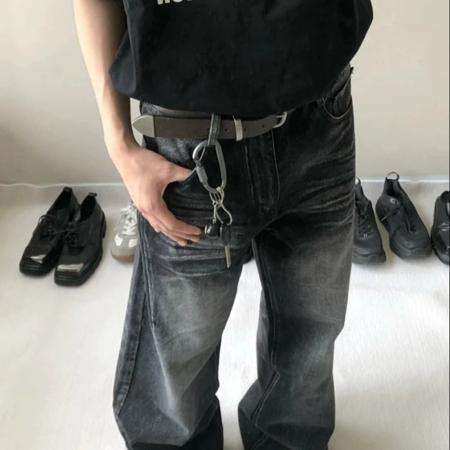 Stylish Washed Black Distressed Retro Jeans for the Modern Man